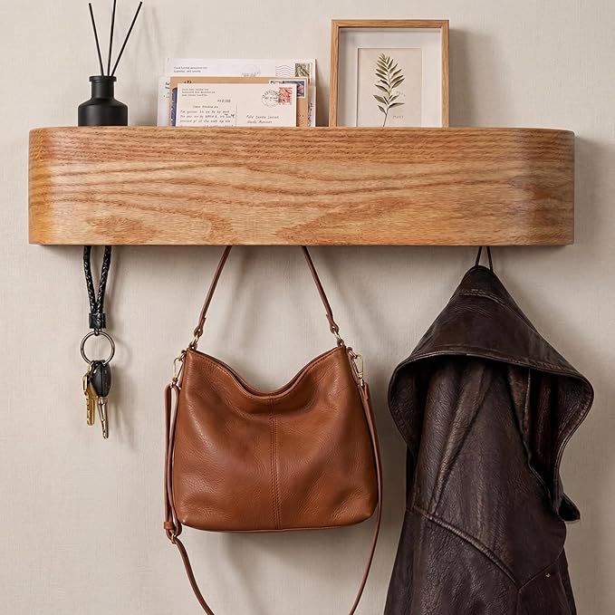 Coat Rack Wall Mount with Shelf | Wall Mounted Coat Rack with 5 Hidden Wall Hooks | Wooden Coat Rack with Mail Holder | Entry
