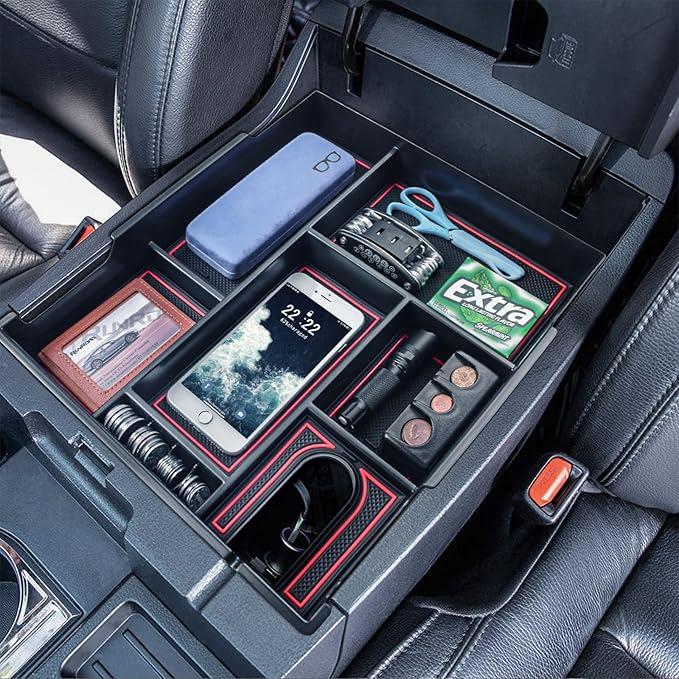 RUNROAD Center Console Organizer Full Cover Tray Compatible with Toyota Tundra 2014-2020 2021 Accessories, ABS Coin Holder Secondary Storage Box Insert Armrest Console Tray, Red