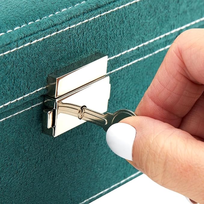 Juvale Velvet Jewelry Box Organizer - 10.5 x 10.5 x 3.5 in, Green - Lockable 2-Tier Travel Jewelry Case & Earring Storage - R