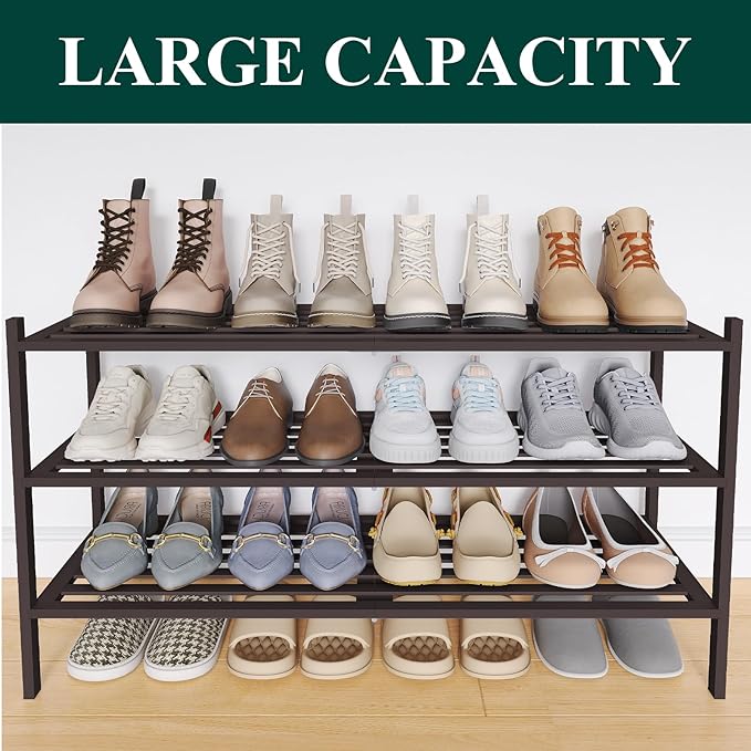 Smiry Long Bamboo Shoe Rack 3-Tier, Stackable Wooden Shoe Organizer for Entryway & Closet, Free Standing Wood Shoe Storage Sh