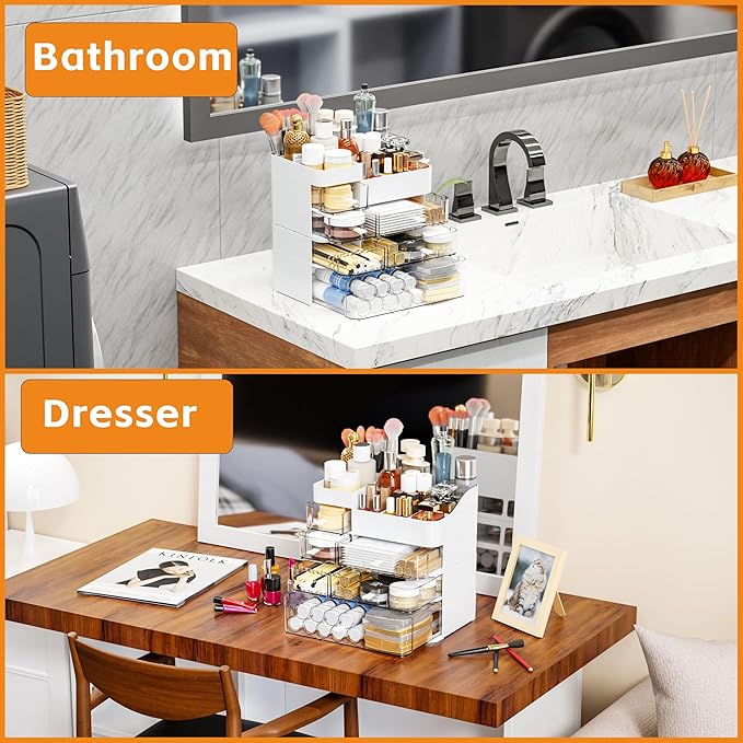 White Countertop Makeup Organizer with 6 Drawers,Large Capacity Skincare Organizers for Vanity,Desk,Dresser,Plastic Bathroom 