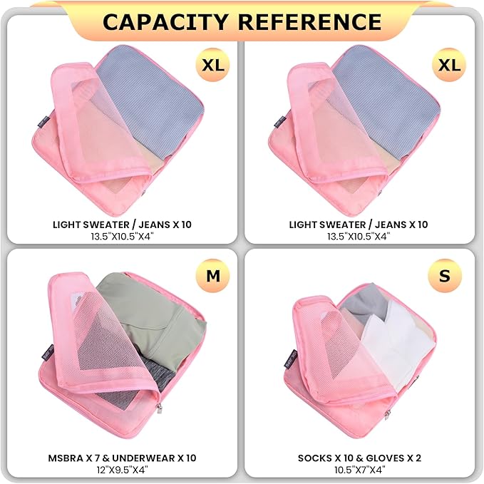 4 Set Ultralight Compression Packing Cubes Travel for Suitcases ，Compressible Mesh Packing Cubes for Travel Women Packing Org