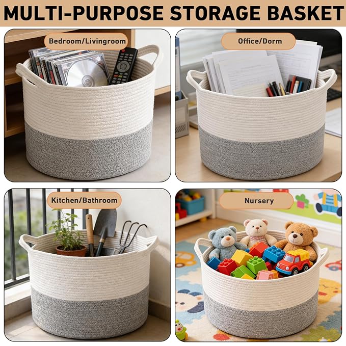 115L Extra Large Woven Cotton Rope Blanket Basket with Handles, Laundry Hamper Storage Bin for Pillows, Comforters,Clothes, B