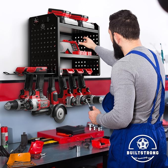 BUILTSTRONG Power Tool Organizer-6 Drill Holder Wall Mount, 3 Tier Heavy-Duty Hand Tool Storage Rack, Utility Racks, Drill Ho