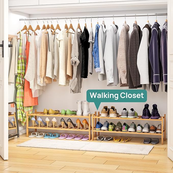 viewcare 2-Tier Long Shoe Rack for Entryway, Black Bamboo Wood Shoe Rack for Closet & Hallway, Long 33IN | Beautiful | Functi