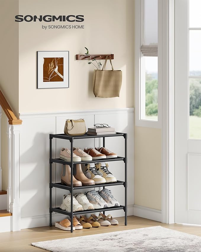 SONGMICS Shoe Rack, 4-Tier Shoe Storage Organizer, Space-Saving, 11.7 x 16.5 x 26 Inches, Entryway, Metal Frame, Non-Woven Fa