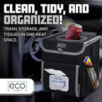 Eco Hygieia Leakproof Car Trash Can - Portable Hanging Car Garbage Can with Adjustable Elastic Strap, Wipes & Tissue Box Holder, Spillproof Opening, Mesh Pockets, Waterproof Lining