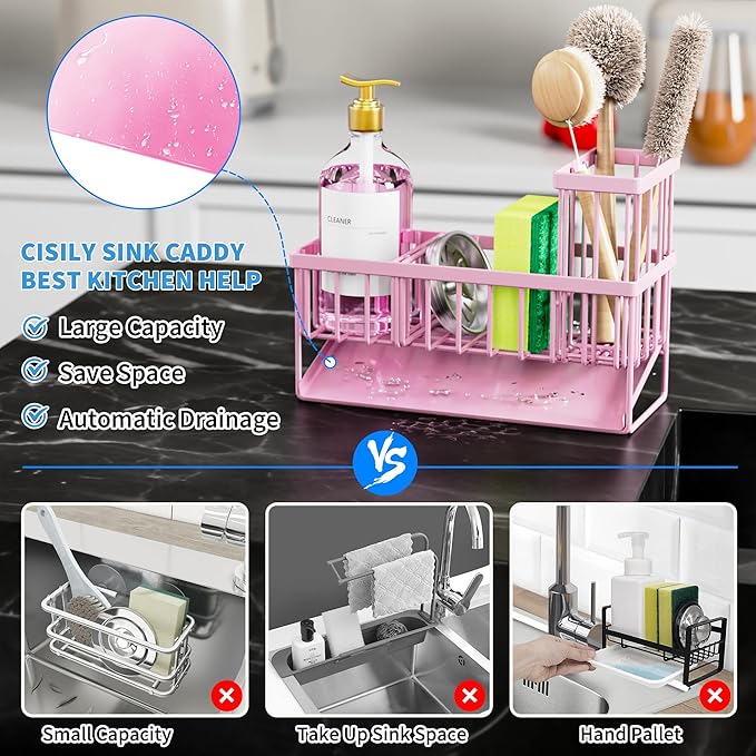 Cisily Pink Kitchen Sink Caddy Organzier with High Brush Holder, Sponge Holder for Sink, 304 Rustproof Stainless, Kitchen Cou