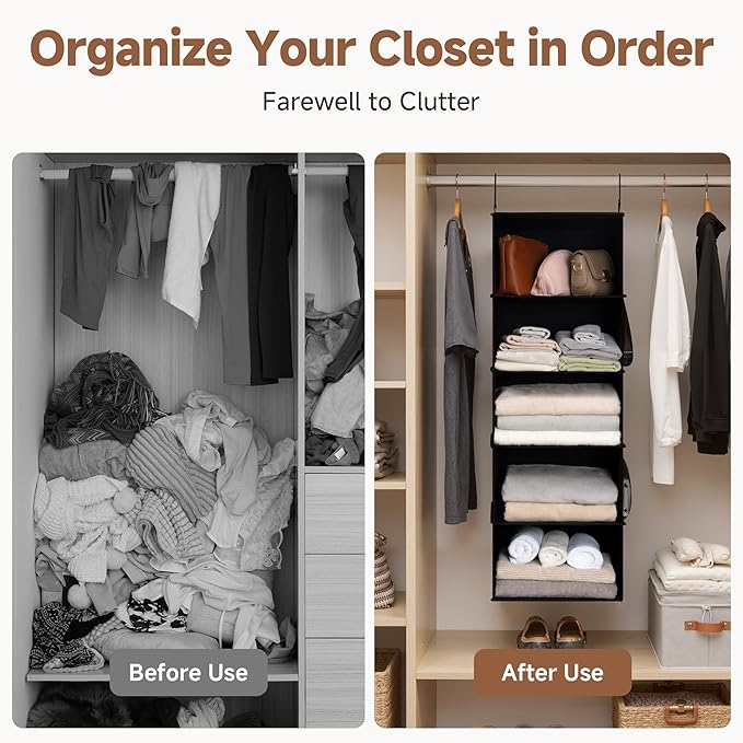 StorageWorks 5-Shelf Hanging Closet Organizers, Foldable Closet Storage Organizer with 2 Side Pockets, Portable Hanging Shelv