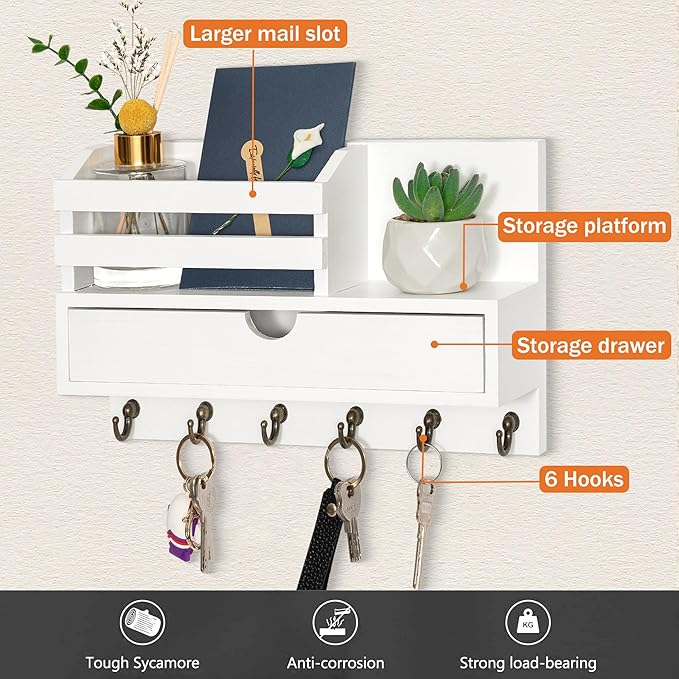 dreampossible Key and Mail Holder for Wall, Mail Organizer Wall Mount with 6 Hooks and Storage Drawer, Wooden Key Rack Hanger