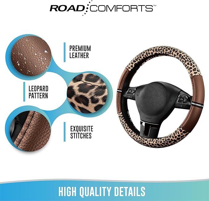 Road Comforts Leopard Steering Wheel Cover for Women, Cute Anti-Slip Microfiber Leather, Universal Fit 14.5-15 Inch Round Ste