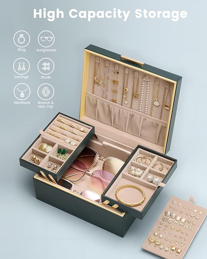 Lolalet Jewelry Box Organizer for Women Girls, 2 Layer Jewelry Organizers and Storage for Necklace Earrings Rings Bracelets, 