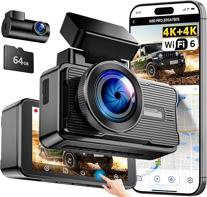 JOMISE 4K+4K Dash Cam Front and Rear, 20 Mbps+ Ethernet Transfer & Stable WiFi 6, Touch Screen Dash Camera for Cars with GPS,