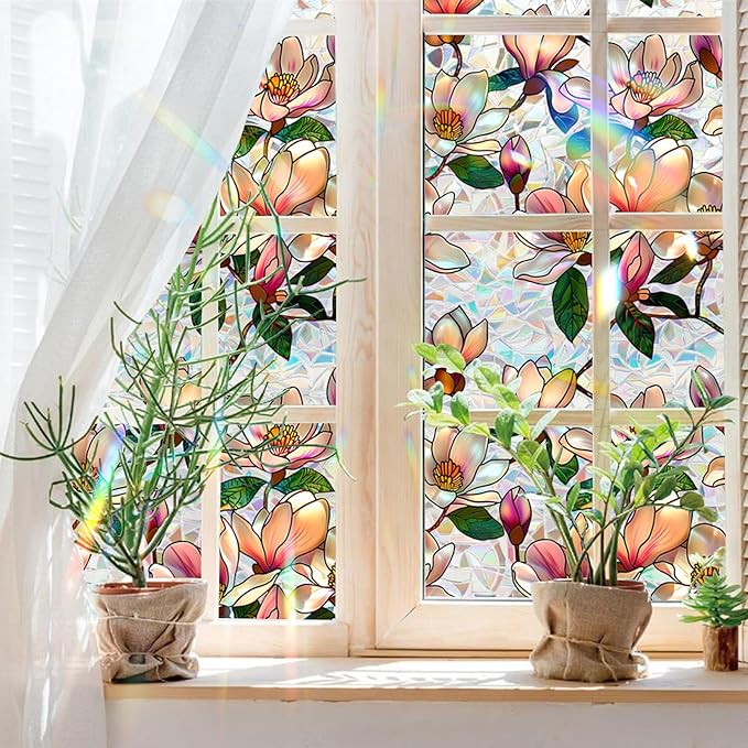 Niviy Window Privacy Film, Magnolia Flowers Stained Glass Window Film, Rainbow Film Glass Sun Protection Decals for Car Moonroof, Windows Tint for Home Bathroom (16.93 x 39.37inch)