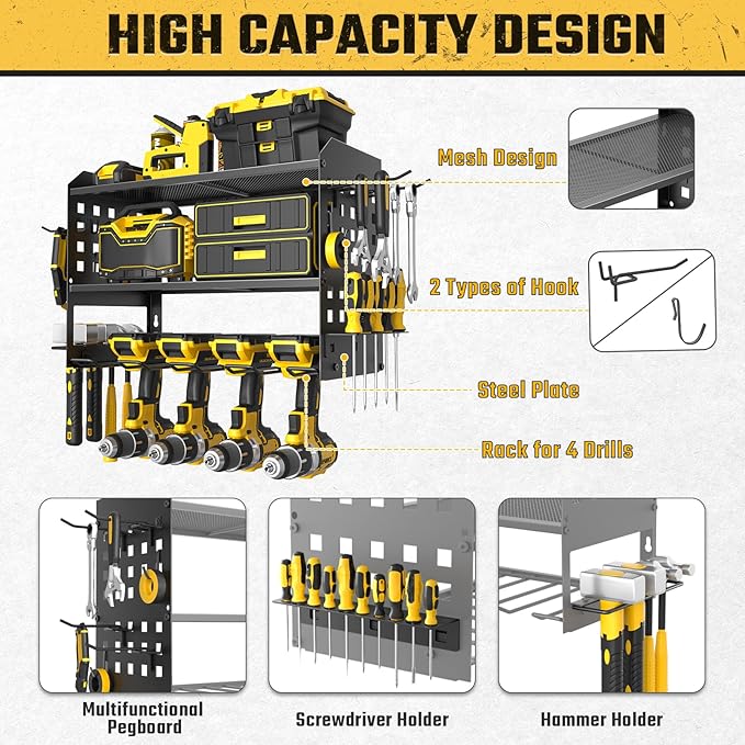 SPACECARE Power Tool Organizer, Drill Holder Wall Mount with 2 Side Pegboards with Hooks, 3 Layer Garage Organization Heavy D
