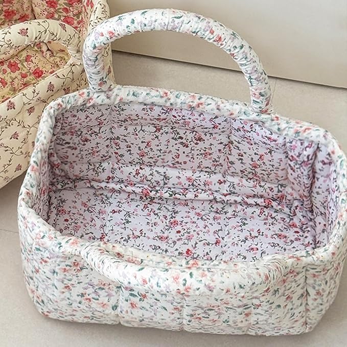 Small Storage Basket Organizer, Mini Fabric Floral Storage Baskets with Handle, Quilted Portable Collapsible Storage (O)