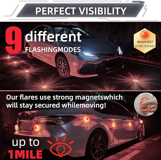 LED Road Flares 6Pack Roadside Emergency car kit Emergency Road Flares Kit with Magnetic Base for Vehicles & Boat | 9 Flash M