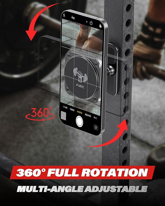 A2C Magnetic Phone Holder for Gym, Aluminum Alloy Base Attach to Metal & Non-Metal Surfaces, Gym Phone Mount for MagSafe iPhone 12-17 Series, Ideal Gym Essentials for Workouts Recording