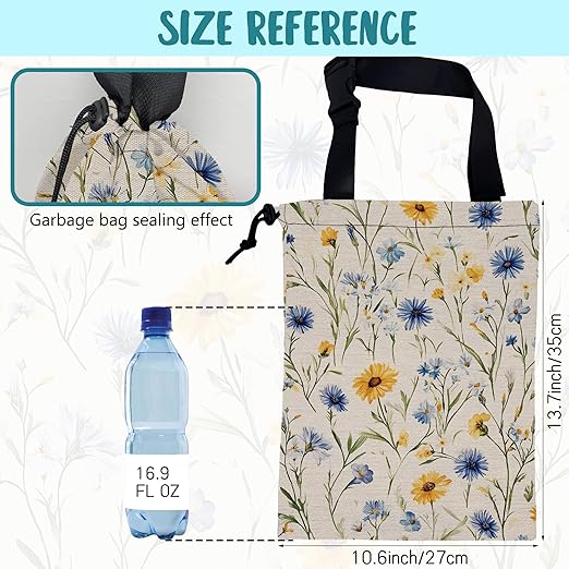 Car Garbage Bag Abstract Blue and Yellow Flowers Hanging Canvas Car Trash Bag Drawstring Car Back Seat Organizer for Car Back Front Seat Console with Adjustable Buckle