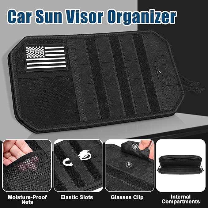 Car Sun Visor Organizer, Car Visor Organizer with Multi-Pocket Net Zipper, Sun Visor Storage with Multiple Storage Compartments for Universal Most Vehicles, 1 Pcs, Black