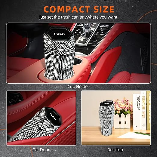 NBTEPEM 2 PCS Bling Car Trash Can with Lid, Bling Car Accessories Trash Bin, Leakproof Auto Garbage Can with 60 Trash Bags, Multipurpose Organizers and Storage for Home, Office (Silver Diamond)
