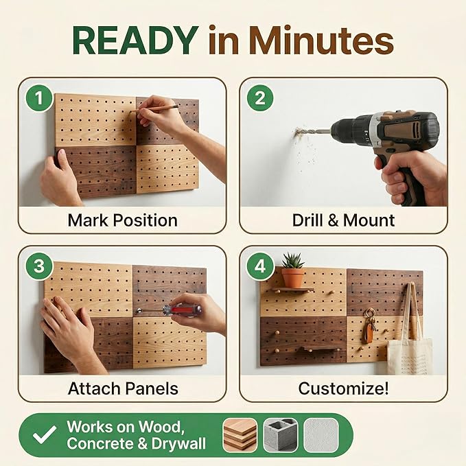 Wooden Pegboard Wall Organizer Kit – Modern Natural Wood Peg Board with Shelves & Hooks – 2 Tone Brown & Oak Premium Wooden P