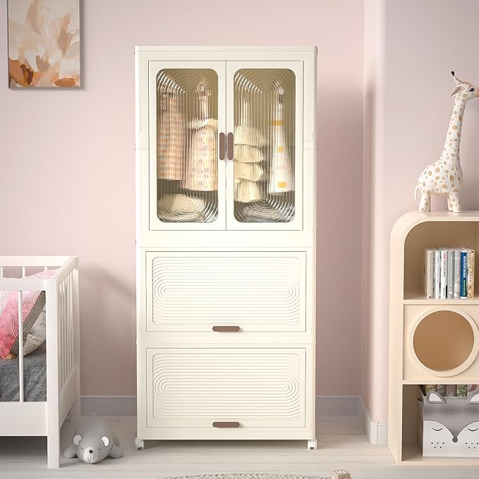 Portable Wardrobe Storage Cabinet,Closet Organizer with Magnetic Doors and Wheels, Portable Kids Closet with Hanging Rod&10 p
