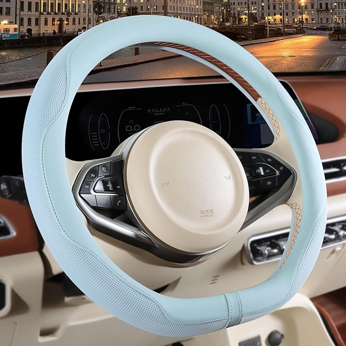 14 inch D Shaped Steering Wheel Cover for Prius Civic, Nappa Microfiber Leather Non-Slip Breathable Fabric, Warm in Winter an