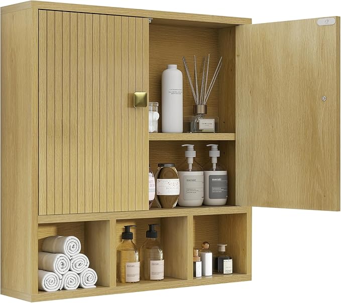 Bathroom Wall Cabinet,Wooden Medicine Cabinet with Fluted Doors Over The Toilet Storage Cabinet with Adjustable Shelf for Bat