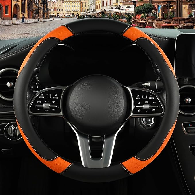 Leather Steering Wheel Cover, Breathable, Anti Slip & Odor Free, Black and Orange