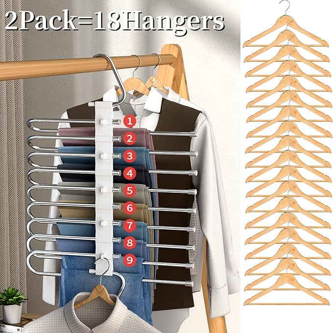 9 Layers Pants Hangers Space Saving, 2 Pack Multifunctional Pant Rack Stainless Steel Closet Organizer for Pants Jeans Leggin