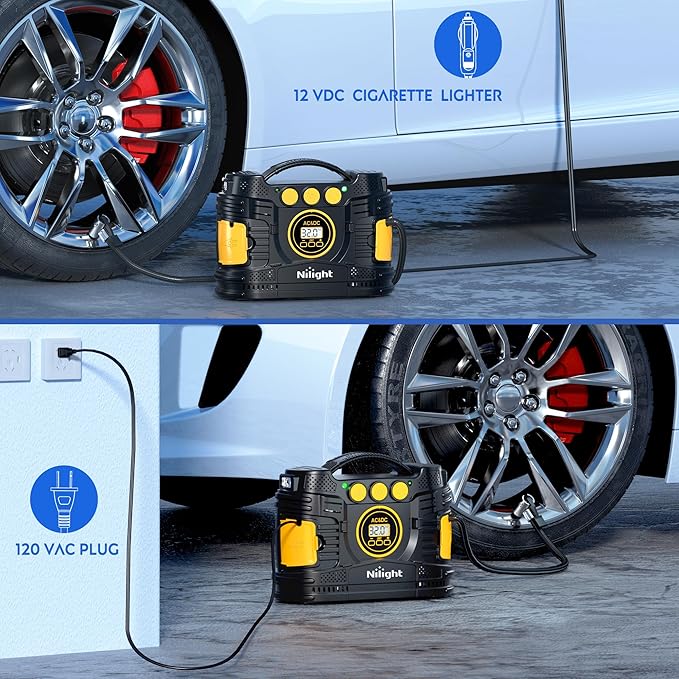 Nilight Tire Inflator Portable Air Compressor Dual Power for Car 12V DC and Home 110V AC Tires Pump Pressure Gauge Fast Inflate Auto Shutoff for Cars SUV Motorcycle Bicycle