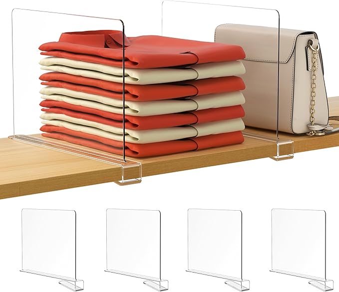 HBlife 4 Pack Closet Organizers and Storage, Clear Shelf Dividers, Vertical Purse Organizer for Closet Perfect for Sweater, S