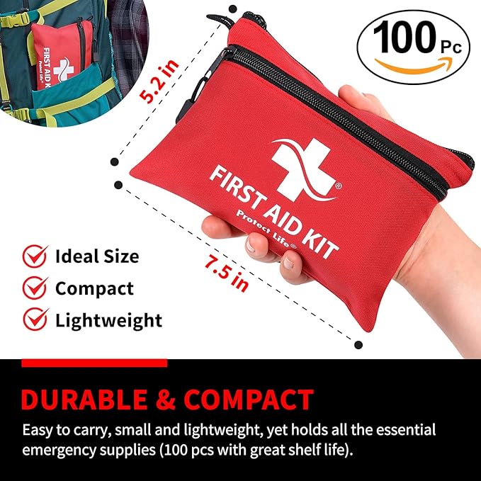Protect Life First Aid Kit, Travel First Aid Kit for Car, 100 Piece Compact Emergency Preparedness Starter Kit for Home, Offi