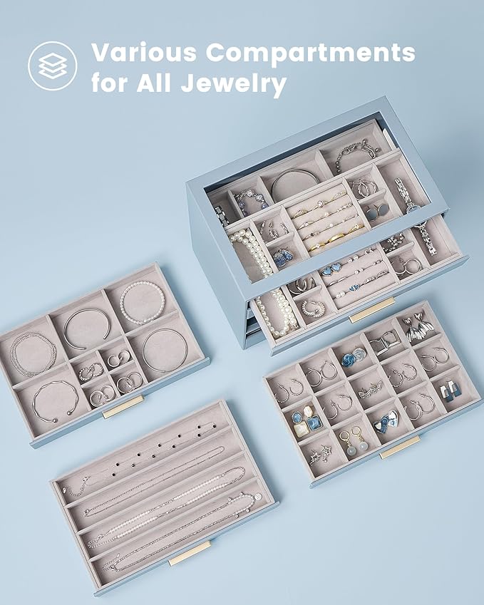 Lolalet Jewelry Box Organizer, 6-Layer Jewelry Organizers and Storage Case with Glass Lid, Ring Earring Bracelet Necklace Hol