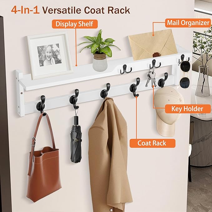 29'' Coat Rack Wall Mount with Shelf, Coat Hanger Wall Mount with Key Hooks and Mail Holder, Wood Entryway Floating Shelf wit