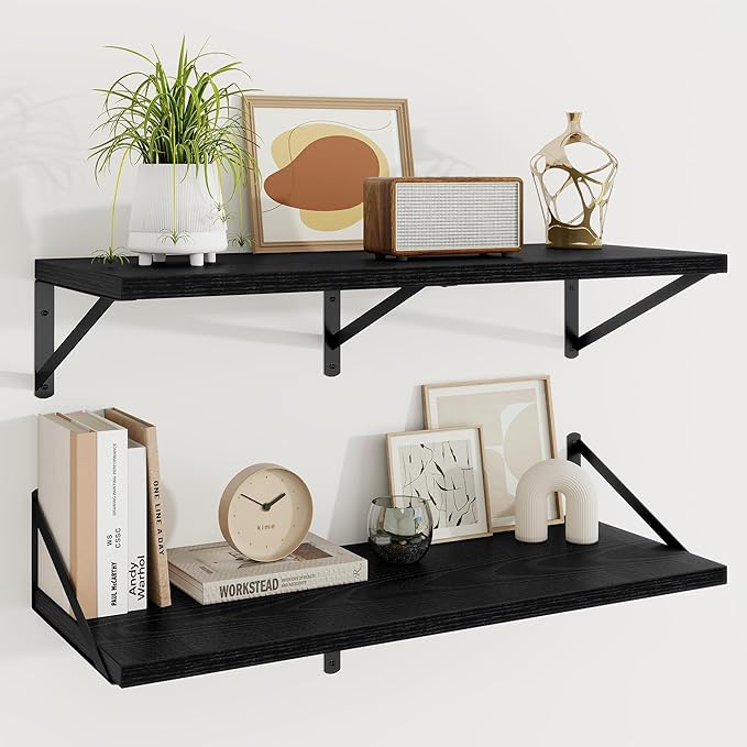 Floating Shelves, 36“W x 12”D Wall Shelves Set of 2, 12 Inch Deep Rustic Wood Wall Storage, Heavy Duty Metal Brackets, Large 