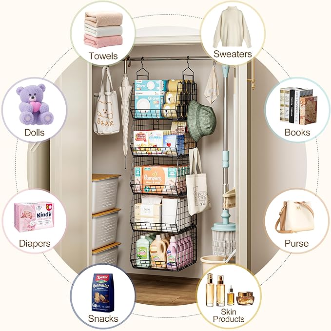 Capacity Upgrade Edition Deeper 4'' 5 Tier Foldable Hanging Closet Organizer and Storage，Wire Cabinet Shelves and Rack with 5