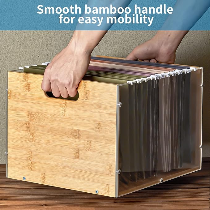 Sbanmao 2 Pack Hanging File Organizer, Clear Acrylic File Box Organizer, Bamboo Filing Box File Crate Storage Boxes, Portable
