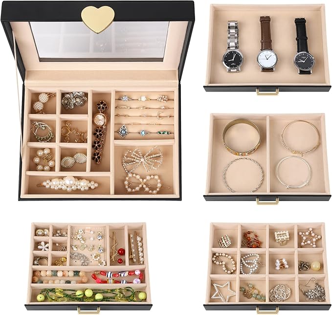 Kendal Jewelry Box, 5-Layer Jewelry Organizer Box with Glass Lid, Black, Heart Shaped PU Leather, Storage Box for Necklace Ea