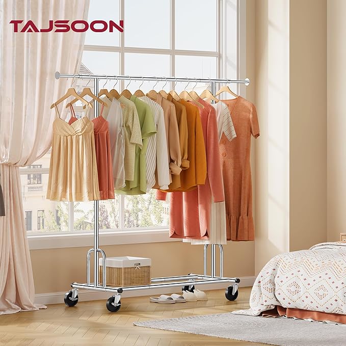 Tajsoon Heavy Duty Clothes Rack Foldable Garment Rack with Wheels and Extendable Rod, Freestanding Clothing Rack for Hanging 