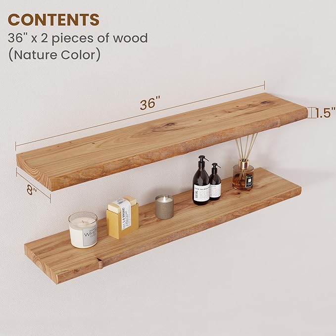 Floating Shelves for Wall Decor, Rustic Solid Elm Wood Live Edge Floating Shelves Wall Mounted, Wall Shelves with Invisible B