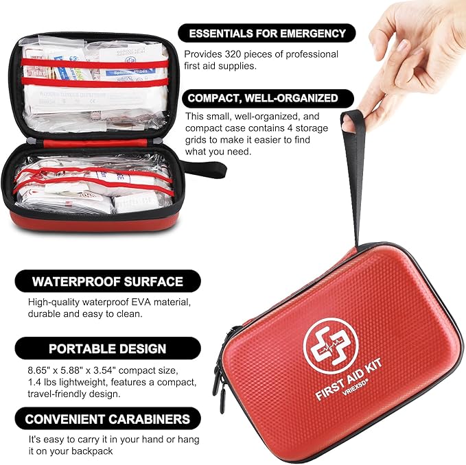 Premium First Aid Kit, 320 Piece Waterproof Hard Shell Eva First Aid Kit for Home, Camping, Cars, Hiking, Travel, Businesses 