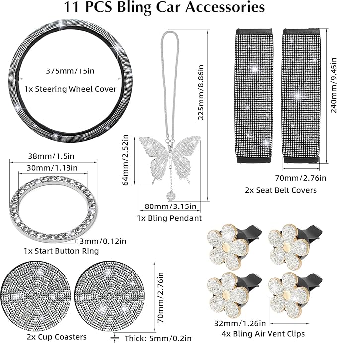 ARTILAURA 11 PCS Bling Car Accessories Set for Women Steering Wheel Covers Butterfly Hanging Seat Belt Cover Cute Air Vent Clips Coasters Glitter Diamond AUTO Interior kit (White)