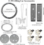 ARTILAURA 11 PCS Bling Car Accessories Set for Women Steering Wheel Covers Butterfly Hanging Seat Belt Cover Cute Air Vent Clips Coasters Glitter Diamond AUTO Interior kit (White)