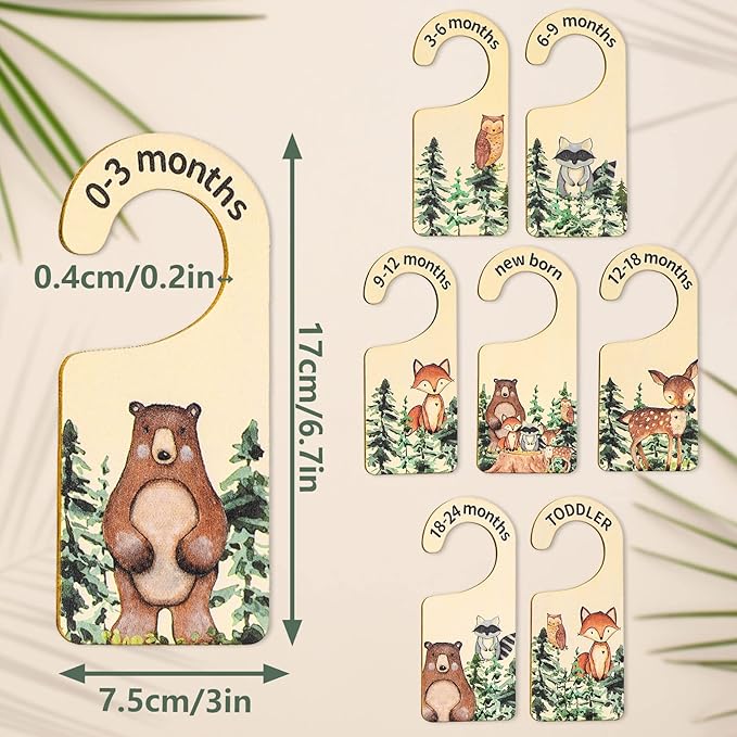 Whaline 8 Pcs Baby Closet Size Dividers Woodland Design Hanging Wooden Baby Closet Organizer Newborn to 24 Months Thicken Bab