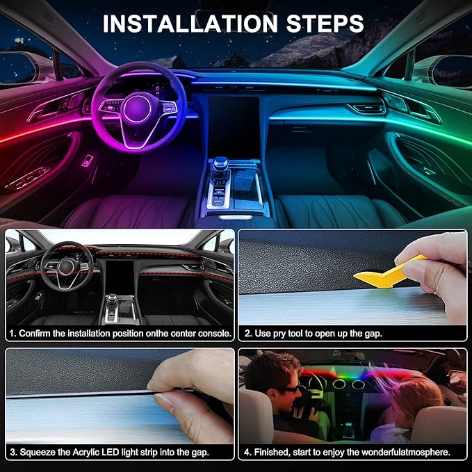 Dreamcolor Acrylic Interior Car LED Strip Light with Wireless APP, RGB 6 in 1 with 175 inches 612 LEDs Fiber Optic Car Symphony Ambient Lighting Kits, Sound Active Function LED Strip for Cars
