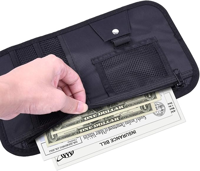 Car Sun Visor Organizer, Wisdompro Vehicle Interior Accessories Storage Pouch Auto Registration Holder with Elastic Strap for Sunglass, Documents, Cards, Pen, Drivers License, etc. (Black)