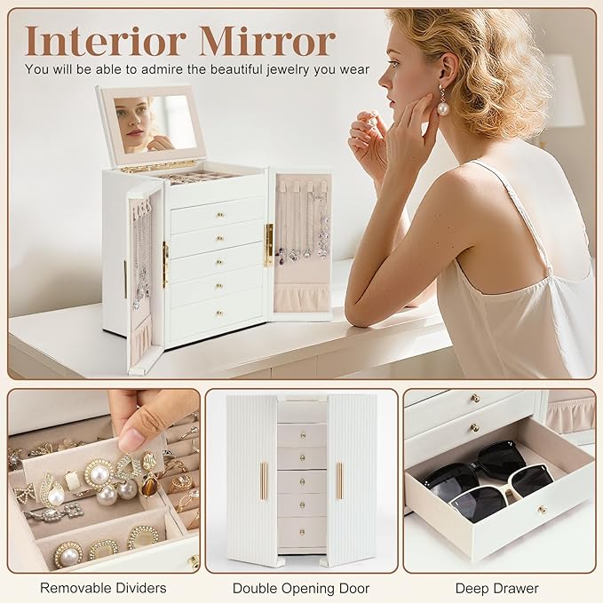 Dajasan Large Jewelry Organizer Box, Jewelry Boxes for Women Girls, 6-Tier Jewelry Storage Organizer with Mirror for Necklace