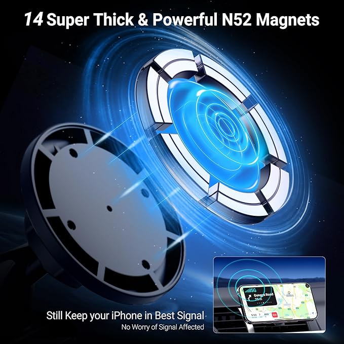 PROfezzion Suction Cup & Vent Clip Combo Magnetic Phone Holder Compatible with MagSafe on Car Dash, Windshield or Vent for iPhone 17 16 15 14 13 Pro Max, Mag-Safe Case & All Phones [Telescopic Arm]
